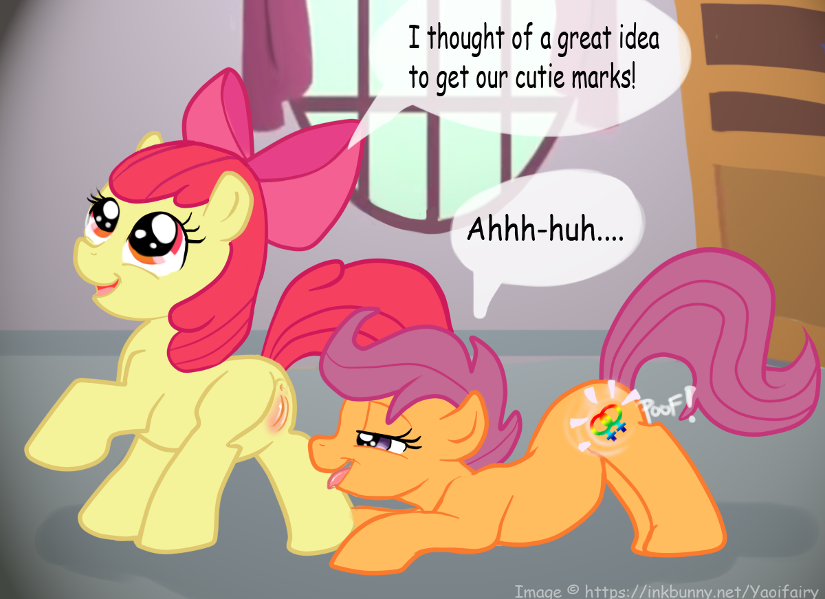 7670 - explicit, artist:yaoifairy, apple bloom, scootaloo, earth pony,  pegasus, pony, alternate cutie mark, anus, cutie mark, female, filly, filly  on filly, foalcon, imminent sex, lesbian, looking at butt, nudity,  scootabloom, shipping,