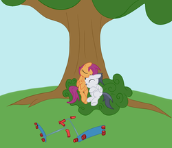 Size: 994x857 | Tagged: safe, artist:elslowmo, rumble, scootaloo, pegasus, pony, g4, colt, female, filly, male, original artist unknown, scooter, ship:rumbloo, shipping, sleeping, straight, tree