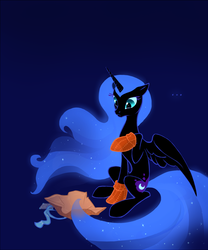 Size: 900x1084 | Tagged: dead source, safe, artist:tomatocoup, nightmare moon, alicorn, pony, g4, ..., clothes, crying, female, gradient background, mare, missing accessory, present, sitting, socks, solo