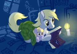 Size: 600x419 | Tagged: dead source, safe, artist:tomatocoup, derpy hooves, dinky hooves, pegasus, pony, unicorn, g4, book, candle, equestria's best mother, female, filly, hoof on cheek, mare, night, prone, reading, sweet dreams fuel, wholesome