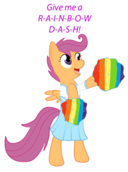 Size: 953x1272 | Tagged: safe, artist:keboponda, scootaloo, pegasus, pony, g4, cheerleader, clothes, female, filly, pom pom, simple background, solo, transparent background