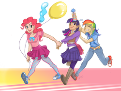 Size: 1606x1206 | Tagged: safe, artist:ddhew, pinkie pie, rainbow dash, twilight sparkle, human, g4, balloon, belly button, clothes, converse, female, hat, humanized, midriff, party, party hat, shoes, skirt