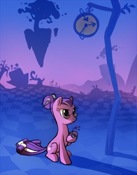 Size: 627x800 | Tagged: dead source, safe, artist:tomatocoup, screwball, earth pony, pony, g4, alternate hairstyle, chaos, clock, discorded landscape, female, floating island, frown, glare, glasses, hair bun, mare, older, serious, serious face, sitting, solo, watch, wristwatch