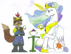 Size: 826x633 | Tagged: safe, artist:gojira007, princess celestia, alicorn, pony, g4, crossover, female, king acorn, male, mare, sitting, sonic the hedgehog, sonic the hedgehog (series), traditional art