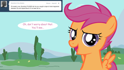 Size: 1280x720 | Tagged: safe, artist:jan, scootaloo, pegasus, pony, ask the crusaders, g4, female, filly, open mouth, solo, speech bubble