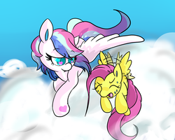 Size: 1280x1024 | Tagged: safe, artist:cotton, fluttershy, star catcher, pegasus, pony, g3, g4, cloud, female, filly, filly fluttershy, fluttercry, flying, foal, g3 to g4, g3betes, generation leap, heart eyes, hoof heart, mare, sweat, wingding eyes, younger