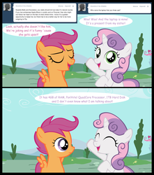 Size: 1320x1490 | Tagged: safe, artist:jan, scootaloo, sweetie belle, pegasus, pony, unicorn, ask the crusaders, g4, 2 panel comic, ^^, ask, comic, eyes closed, female, filly, foal