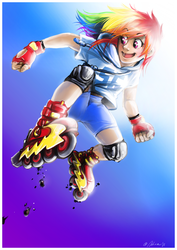 Size: 833x1179 | Tagged: safe, artist:ddhew, rainbow dash, human, g4, clothes, female, fingerless gloves, gloves, humanized, jumping, rainbow dash always dresses in style, roller skates, rollerblades, solo