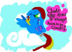Size: 876x628 | Tagged: safe, artist:cotton, thistle whistle, pegasus, pony, g3, g4, cloud, female, floppy ears, g3 to g4, generation leap, nephophobia, solo, that pony sure does fear clouds
