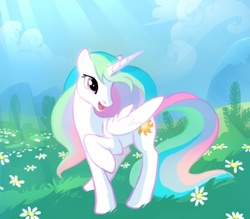 Size: 415x363 | Tagged: safe, artist:tomatocoup, princess celestia, alicorn, pony, g4, female, flower, grass, happy, looking back, mare, missing accessory, raised hoof, smiling, solo