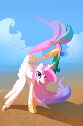 Size: 509x774 | Tagged: safe, artist:snowseed, artist:tomatocoup, princess celestia, alicorn, pony, g4, beach, female, mare, skateboard, solo, teenager, younger