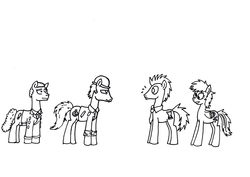 Size: 1168x828 | Tagged: safe, artist:skarius, derpy hooves, doctor whooves, time turner, earth pony, pegasus, pony, g4, community, crossover, female, inspector spacetime, male, mare, monochrome, simple background, stallion, white background