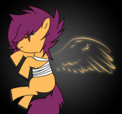 Size: 2200x2046 | Tagged: safe, artist:blowingbomb, scootaloo, pegasus, pony, g4, amputation, bandage, crying, eyes closed, female, filly, high res, on side, sad, scootaloo can't fly, solo, wingless