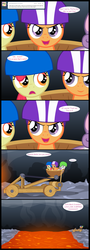 Size: 1320x3680 | Tagged: dead source, safe, artist:jan, apple bloom, scootaloo, sweetie belle, earth pony, pegasus, pony, unicorn, ask the crusaders, g4, catapult, comic, cutie mark crusaders, female, filly, helmet, lava