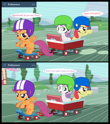 Size: 1320x1490 | Tagged: dead source, safe, artist:jan, apple bloom, scootaloo, sweetie belle, earth pony, pegasus, pony, unicorn, ask the crusaders, g4, 2 panel comic, binoculars, cart, comic, cutie mark crusaders, female, filly, followers, helmet, scooter, speed, speed lines, wagon
