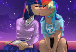 Size: 908x621 | Tagged: safe, artist:ddhew, rainbow dash, twilight sparkle, human, g4, belly button, blushing, book, clothes, cute, duo, female, humanized, kiss on the lips, kissing, lesbian, midriff, night, ship:twidash, shipping, sitting, skirt, stars