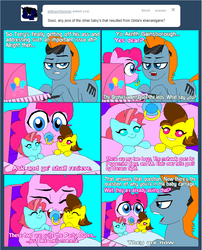 Size: 1045x1296 | Tagged: safe, artist:terry, pinkie pie, teddy, oc, oc:banana split, oc:peppermint cane, earth pony, pony, comic:you're the father, g1, g4, my little pony tales, baby, baby carriage, baby pony, comic, female, g1 to g4, generation leap, male, mare, pacifier, parent:pinkie pie, parent:teddy, parents:teddypie, stallion, straight, sunglasses