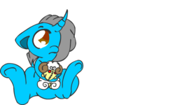 Size: 606x363 | Tagged: safe, artist:cotton, oc, oc only, pony, sheep, unicorn, curved horn, doll, featureless crotch, floppy ears, hair over one eye, horn, simple background, sitting, solo, transparent background, underhoof