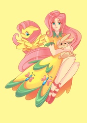 Size: 800x1132 | Tagged: safe, artist:gomigomipomi, fluttershy, human, pegasus, pony, g4, clothes, dress, female, floppy ears, human ponidox, humanized, mare, self ponidox, simple background, yellow background
