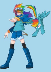 Size: 800x1132 | Tagged: safe, artist:gomigomipomi, rainbow dash, human, pegasus, pony, g4, blue background, boots, clothes, female, goggles, human ponidox, humanized, mare, self ponidox, shoes, simple background, skinny, socks, thigh highs, thin