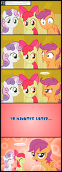 Size: 1320x3680 | Tagged: safe, artist:jan, apple bloom, scootaloo, sweetie belle, earth pony, pegasus, pony, unicorn, ask the crusaders, picture perfect pony, g4, ^^, abstract background, alternate hairstyle, comic, cutie mark crusaders, eyes closed, female, filly, foal, oh crap, scootaloo is not amused, unamused