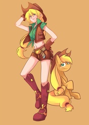 Size: 800x1132 | Tagged: safe, artist:gomigomipomi, applejack, earth pony, human, pony, g4, 2011, applejack's hat, belly button, boots, clothes, cowboy boots, cowboy hat, female, gloves, hat, human ponidox, humanized, mare, midriff, orange background, self ponidox, simple background