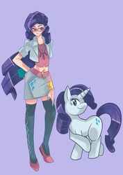 Size: 800x1132 | Tagged: safe, artist:gomigomipomi, rarity, human, pony, unicorn, g4, clothes, crossed hooves, female, glasses, human ponidox, humanized, mare, midriff, miniskirt, purple background, self ponidox, simple background, skinny, skirt, socks, thigh highs, thigh socks, thin