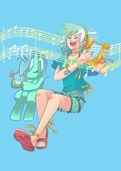 Size: 800x1132 | Tagged: safe, artist:gomigomipomi, lyra heartstrings, human, pony, unicorn, g4, blue background, eyes closed, female, human ponidox, humanized, lyre, mare, music notes, sandals, self ponidox, simple background, sitting
