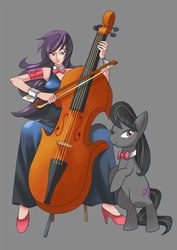 Size: 800x1132 | Tagged: safe, artist:gomigomipomi, octavia melody, earth pony, human, pony, g4, bow (instrument), cello, clothes, dress, female, gray background, high heels, human ponidox, humanized, mare, musical instrument, one eye closed, rearing, self ponidox, shoes, simple background, wink