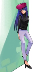 Size: 800x1131 | Tagged: safe, artist:gomigomipomi, rarity, human, g4, beatnik rarity, beret, clothes, female, hat, high heels, humanized, skinny, solo, sweater, thin, wall