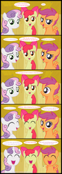 Size: 1320x3680 | Tagged: source needed, safe, artist:jan, apple bloom, scootaloo, sweetie belle, earth pony, pegasus, pony, unicorn, ask the crusaders, g4, ^^, comic, cutie mark crusaders, eyes closed, female, filly