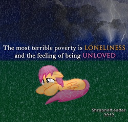 Size: 2469x2361 | Tagged: safe, artist:shrapnelleader, scootaloo, pegasus, pony, g4, abandoned, alone, crying, depressing, female, filly, floppy ears, high res, lightning, lonely, quote, rain, sad, scootalone, scootasad, solo, thunderstorm, wet mane, wet mane scootaloo