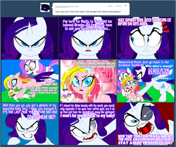 Size: 1627x1356 | Tagged: safe, artist:terry, opalescence, rarity, rarity (g3), sweetie belle, oc, oc:sephirot rose, pony, unicorn, ask lil miss rarity, comic:you're the father, lil-miss rarity, g4, ask, bishonen, butt, colt, comic, female, foal, fourth wall, male, mare, offspring, older, older sweetie belle, parent:prince blueblood, parent:rarity, parents:rariblood, plot