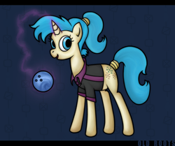Size: 850x709 | Tagged: safe, artist:old roots, allie way, pony, unicorn, g4, abstract background, bowling ball, female, mare, solo, tail wrap