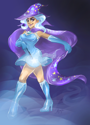 Size: 822x1142 | Tagged: safe, artist:ddhew, trixie, human, g4, armpits, boots, cape, clothes, evening gloves, female, hat, high heel boots, humanized, magic, solo, trixie's cape, trixie's hat, wand