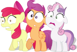 Size: 6346x4346 | Tagged: dead source, safe, artist:regolithx, apple bloom, scootaloo, sweetie belle, earth pony, pegasus, pony, unicorn, g4, absurd resolution, bow, cutie mark crusaders, ears back, faic, female, filly, frown, gritted teeth, open mouth, raised hoof, reaction, reaction image, scared, shock, simple background, transparent background, vector, wide eyes