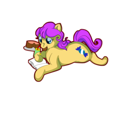 Size: 1366x1290 | Tagged: safe, artist:cotton, bon bon (g1), earth pony, pony, g1, my little pony tales, book, cookie, female, food, mare, mouth hold, prone, simple background, solo, transparent background, writing