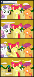 Size: 1320x2950 | Tagged: dead source, safe, artist:jan, apple bloom, scootaloo, sweetie belle, earth pony, pegasus, pony, unicorn, ask the crusaders, g4, ^^, ask, comic, cutie mark crusaders, dialogue, eyes closed, female, filly, halo, lies, speech bubble, sweetiebuse, thud