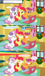 Size: 1280x2160 | Tagged: safe, artist:jan, apple bloom, rainbow dash, scootaloo, sweetie belle, earth pony, pegasus, pony, unicorn, ask the crusaders, g4, ask, broken window, chubbie, comic, computer, cutie mark crusaders, female, filly, laptop computer
