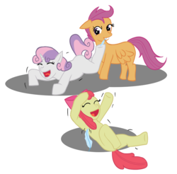 Size: 861x847 | Tagged: safe, artist:tobirone, apple bloom, scootaloo, sweetie belle, earth pony, pegasus, pony, unicorn, g4, anatomically incorrect, cutie mark crusaders, female, filly, incorrect leg anatomy, mouth hold, simple background, tickling, transparent background