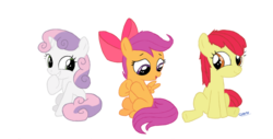 Size: 1360x692 | Tagged: safe, artist:chibi95, apple bloom, scootaloo, sweetie belle, earth pony, pegasus, pony, unicorn, g4, accessory swap, apple bloom's bow, cutie mark crusaders, female, filly, giggling, hilarious in hindsight, simple background, sitting, transparent background