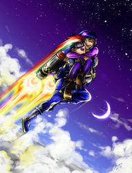 Size: 929x1207 | Tagged: safe, artist:ddhew, rainbow dash, twilight sparkle, human, g4, carrying, cloud, female, flying, goggles, humanized, jetpack, lesbian, moon, one eye closed, ship:twidash, shipping