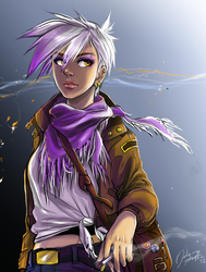 Size: 880x1162 | Tagged: safe, artist:ddhew, gilda, human, g4, cigarette, clothes, eyebrow piercing, female, humanized, messenger bag, pins, scarf, shoulder bag, smoking, solo