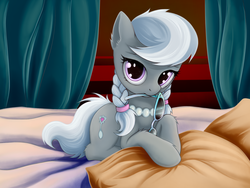 Size: 1600x1200 | Tagged: safe, artist:rainbow, silver spoon, earth pony, pony, bed, braid, braided pigtails, curtains, cute, ear fluff, female, filly, fluffy, glasses, glasses in mouth, glasses off, hnnng, jewelry, leg fluff, looking at you, mouth hold, necklace, pearl necklace, pigtails, pillow, prone, silverbetes, solo, twintails