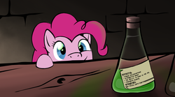 Size: 1318x735 | Tagged: safe, artist:qsteel, pinkie pie, earth pony, pony, g4, erlenmeyer flask, female, filly, filly pinkie pie, flask, forever, peeking, potion, smiling, solo, that explains everything, younger