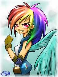 Size: 768x1024 | Tagged: safe, artist:ereb-tauramandil, rainbow dash, human, g4, clothes, cutie mark on clothes, female, fingerless gloves, gloves, humanized, pointed breasts, smirk, solo, winged humanization