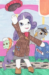 Size: 2117x3233 | Tagged: safe, artist:enigmaticthief, derpy hooves, granny smith, rarity, earth pony, pegasus, pony, unicorn, g4, bipedal, clothes, female, high res, mare, parody, the mary tyler moore show, traditional art