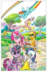 Size: 792x1224 | Tagged: safe, artist:andypriceart, idw, official comic, angel bunny, applejack, fluttershy, gummy, opalescence, pinkie pie, rainbow dash, rarity, spike, twilight sparkle, bird, dragon, earth pony, pegasus, pony, rabbit, unicorn, g4, official, animal, cider, comic, cover, female, glasses, heart eyes, idw advertisement, male, mane seven, mane six, mare, no logo, rarity's glasses, ship:sparity, shipping, straight, textless, traditional art, unicorn twilight, wingding eyes