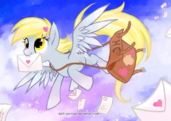 Size: 760x538 | Tagged: safe, artist:meadow-rue, derpy hooves, pegasus, pony, g4, bag, female, flying, heart, hearts and hooves day, letter, mail, mare, mouth hold, muffin, solo