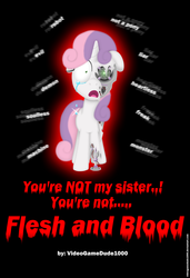 Size: 2040x2985 | Tagged: safe, artist:pajama-ham, sweetie belle, pony, robot, robot pony, unicorn, fanfic:flesh and blood, g4, black background, cover, crying, disembodied thoughts, fanfic, fanfic art, fanfic cover, female, filly, floppy ears, foal, high res, hooves, horn, open mouth, robot gore, sad, simple background, solo, sweetie bot, text
